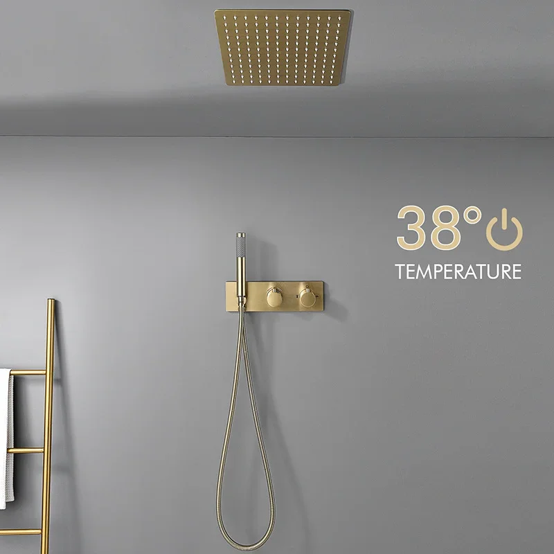 Concealed Thermostatic Shower System Set - Geborsteld gouden dubbel functionele inbouw thermostatische