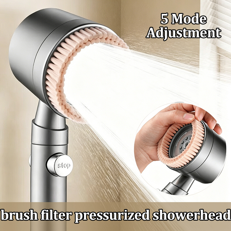 Handheld Shower Head High Pressure Filter - 5-versnellings verstelbare handdouche met reinigingsborstel, krachtige
