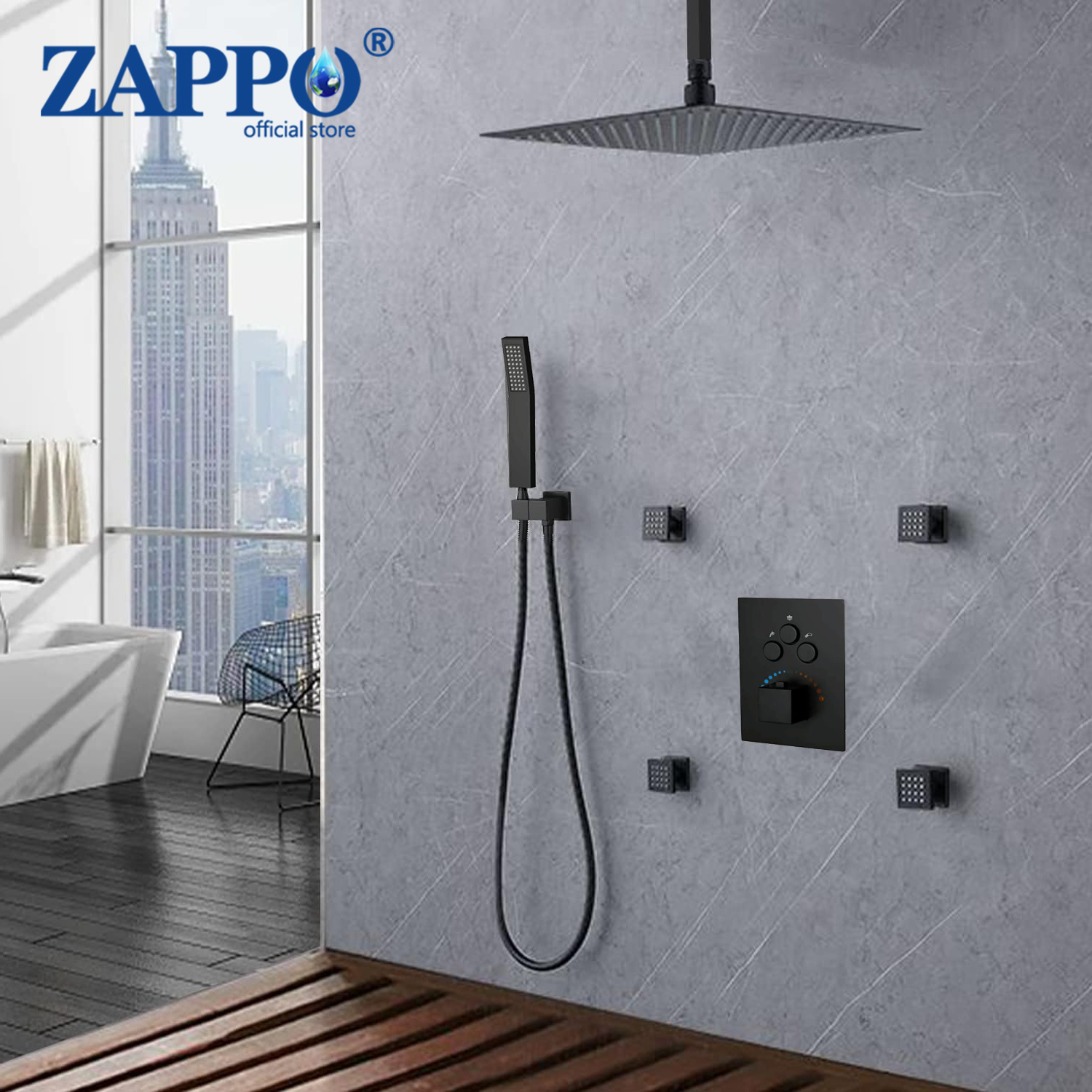 Thermostatic Shower Faucet Valve 3 Way - ZAPPO Thermostatisch Douchesysteem Zwart 10 Inch