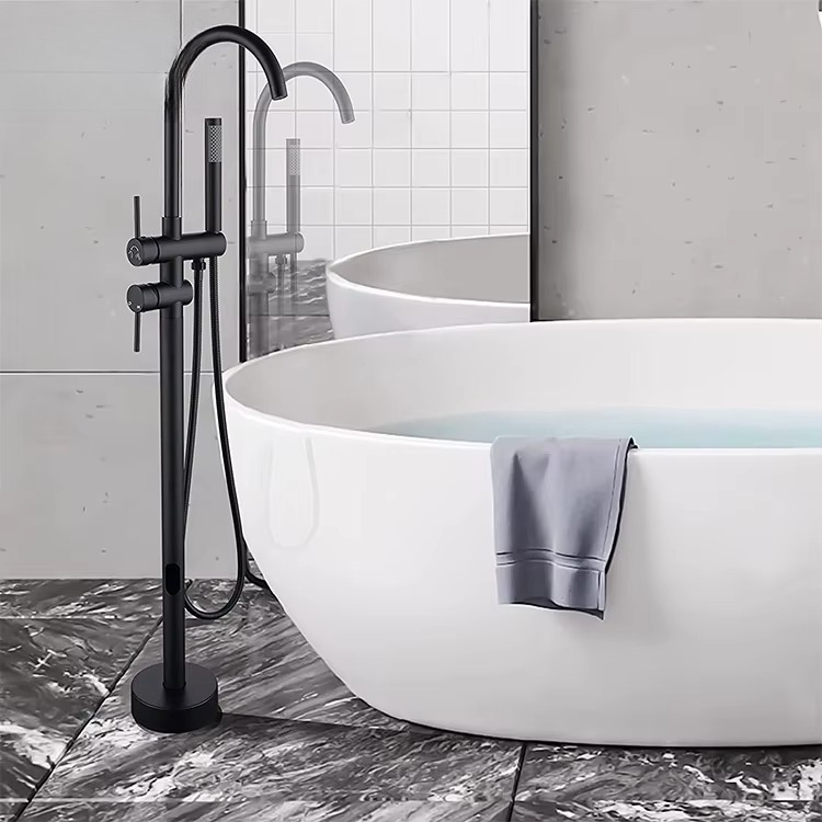 Freestanding Bathtub Filler Faucet Floor - Zwarte messing vrijstaande bad- en douchemengkraan,